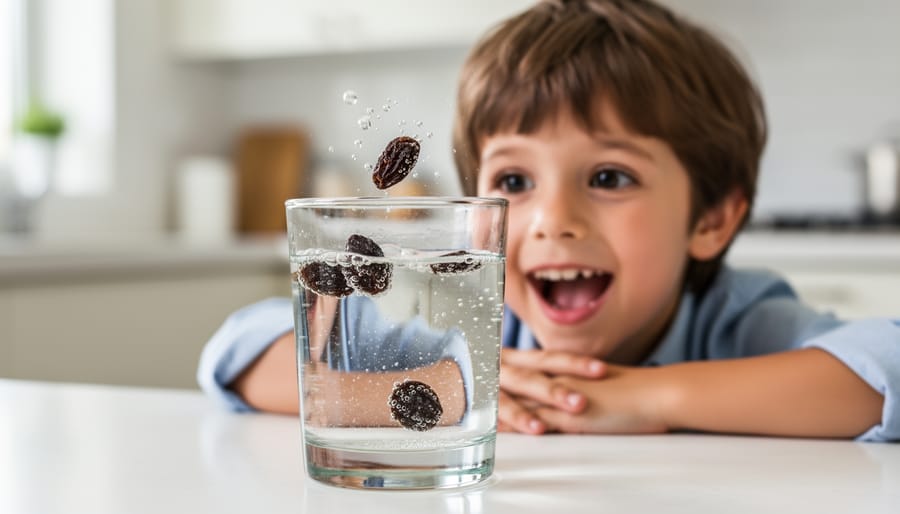 Child holding a cup of sparkling water with raisins that bob up and down.