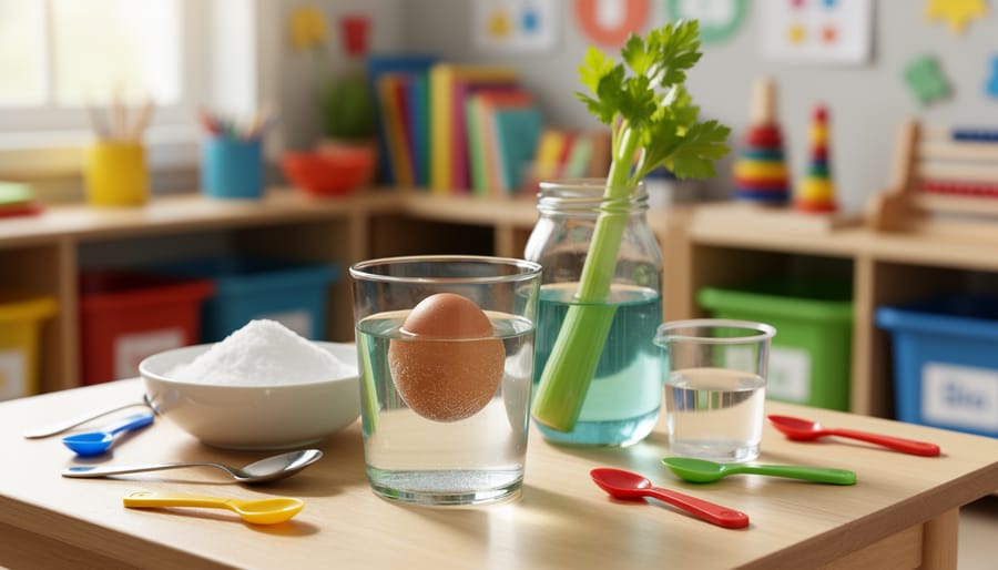 Close-up of a child-friendly science experiment table with an egg in salt water and a celery stalk in tinted water, shot in bright natural classroom light.