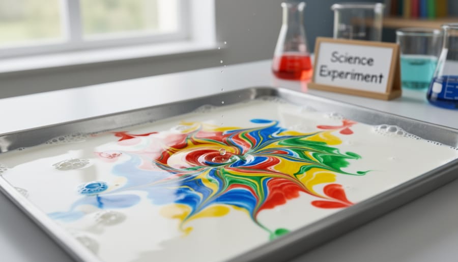 Rainbow food coloring swirling in a bowl of milk after dish soap is added.