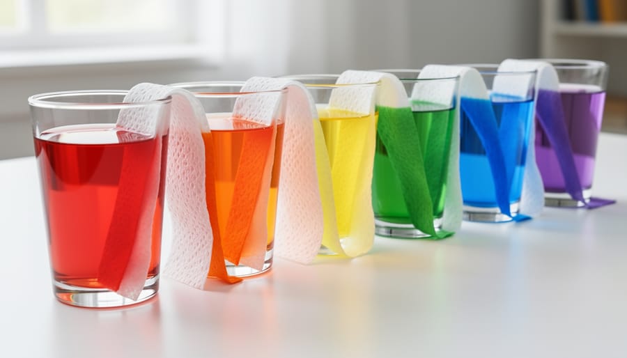 Paper towels connecting cups of colored water to create rainbow bridges.