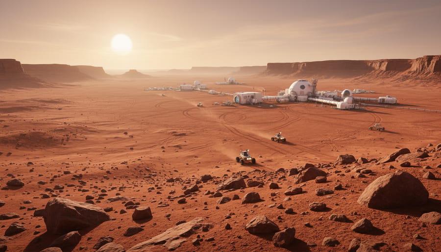 Alien desert landscape with layered rocks and distant domed habitats under golden hour light