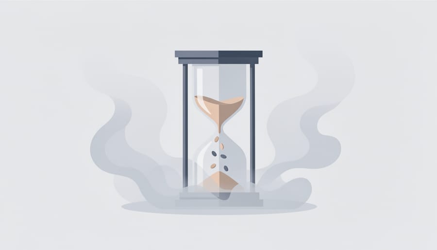 Clear glass hourglass with drifting sand glowing under soft studio lighting in a dark room