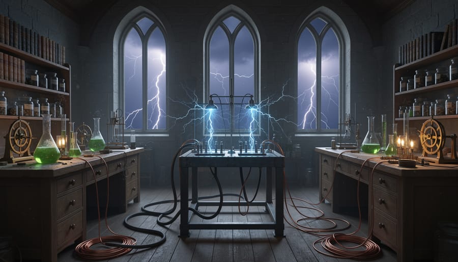 Copper wiring and glass instruments on a laboratory table with faint blue-white electrical sparks