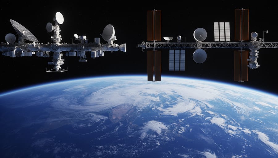 Space view showing Earth and a spacecraft silhouette with faint orbital rings
