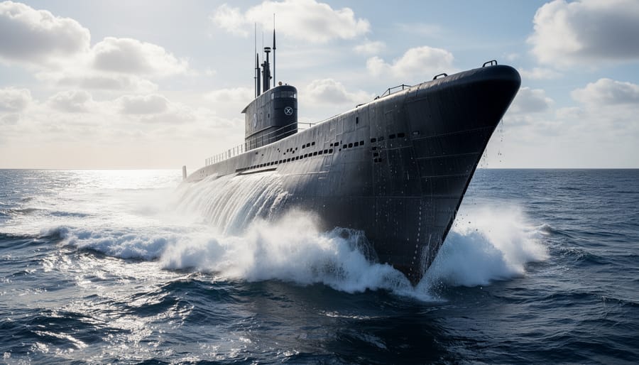 Steam submarine silhouette rising from dark ocean waves near a rocky pier