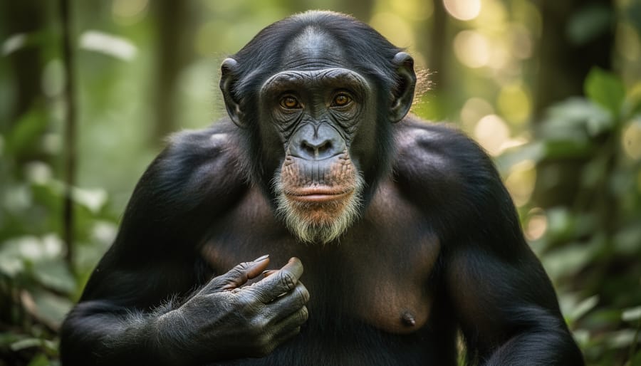 Bonobos resting among green forest foliage with trees and canopy in the background