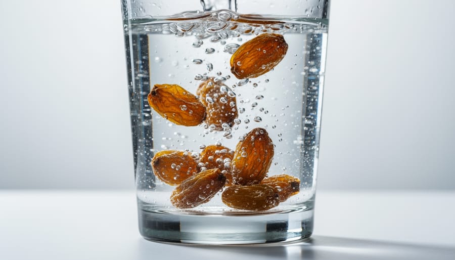 Close-up of raisins moving in carbonated water inside a clear glass