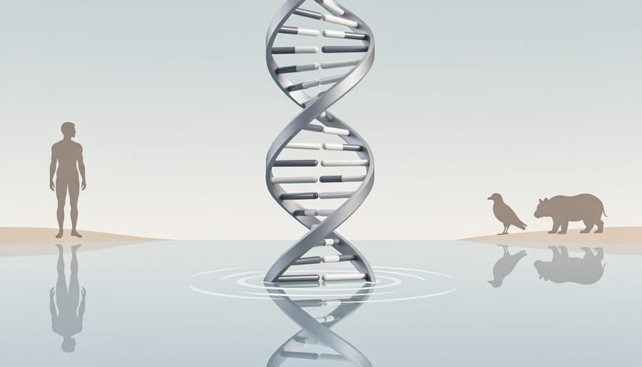 A metallic DNA double-helix sculpture emerging from water with ripples and droplets