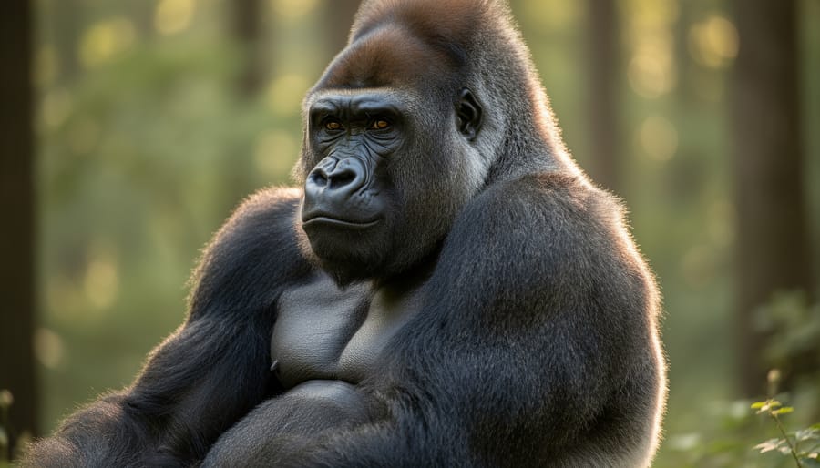 A gorilla standing in warm golden hour light with naturalistic enclosure foliage behind it