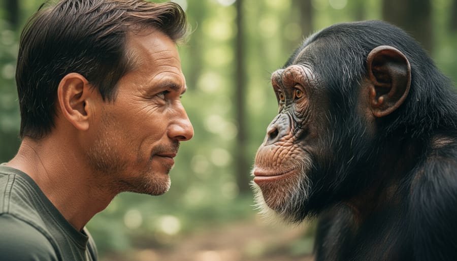 Human hand gently touching the fur of a chimpanzee in a naturalistic enclosure