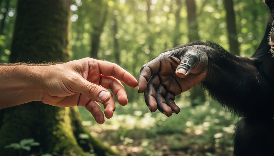 A human hand gently touching a chimpanzee’s fur in a forest clearing