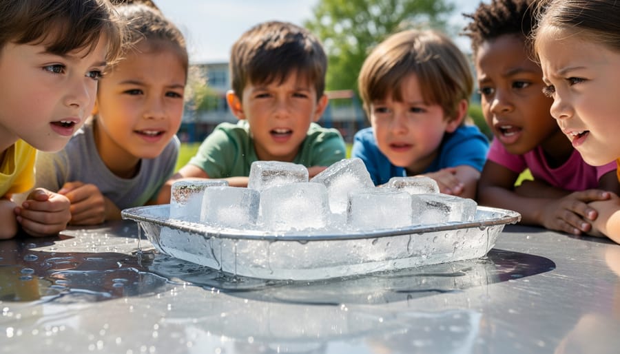 Preschooler watching melting ice cubes on a kitchen counter during a simple temperature experiment
