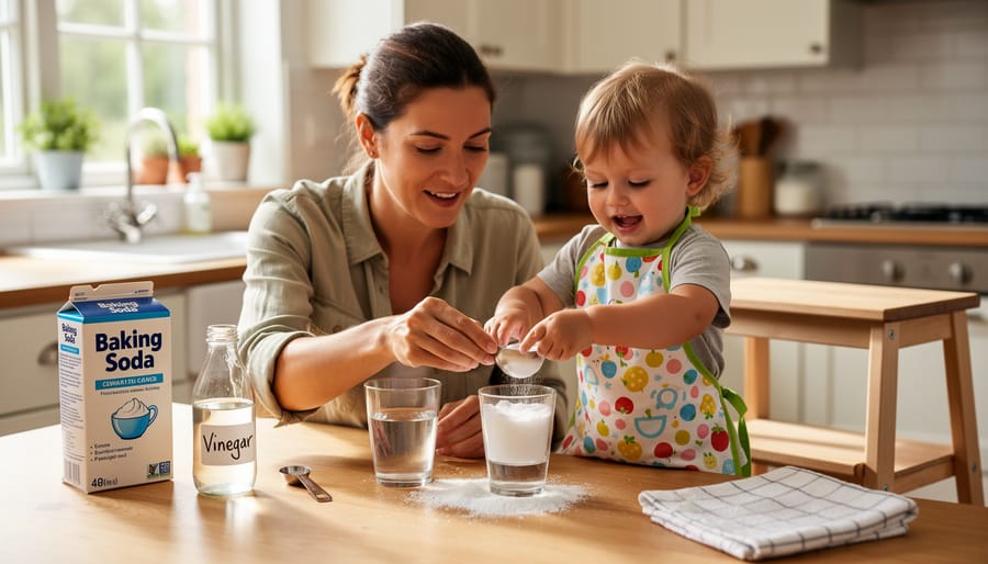 Toddler and adult hands setting up a baking soda and vinegar science experiment with clear cups at a kitchen table