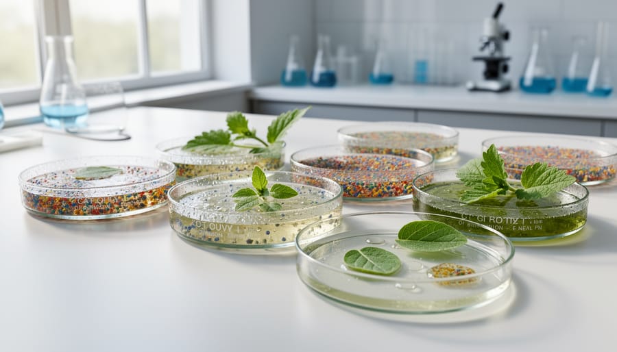 Petri dishes with agar showing microbial growth next to swabs and plant samples on a lab bench