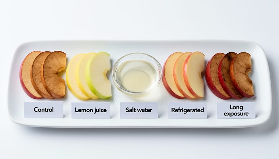 Top-down view of apple slices with cut edges showing different levels of browning
