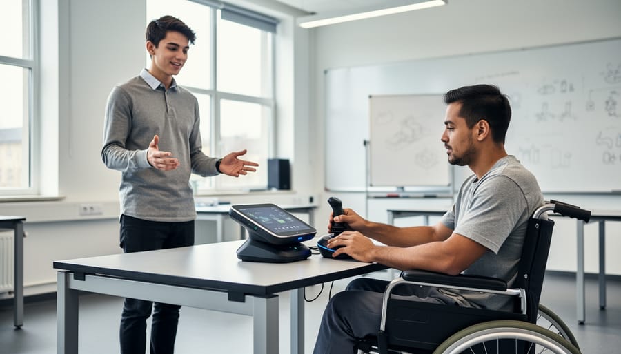 Student holding an assistive technology prototype control module beside a wheelchair at a science fair-style workbench