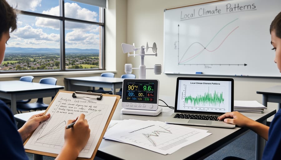 Weather station by a window with a student research setup for analyzing local climate patterns