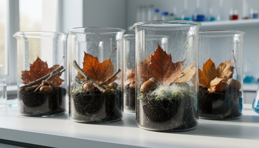 Outdoor observation containers with fallen leaves and acorns showing damp, decomposing textures