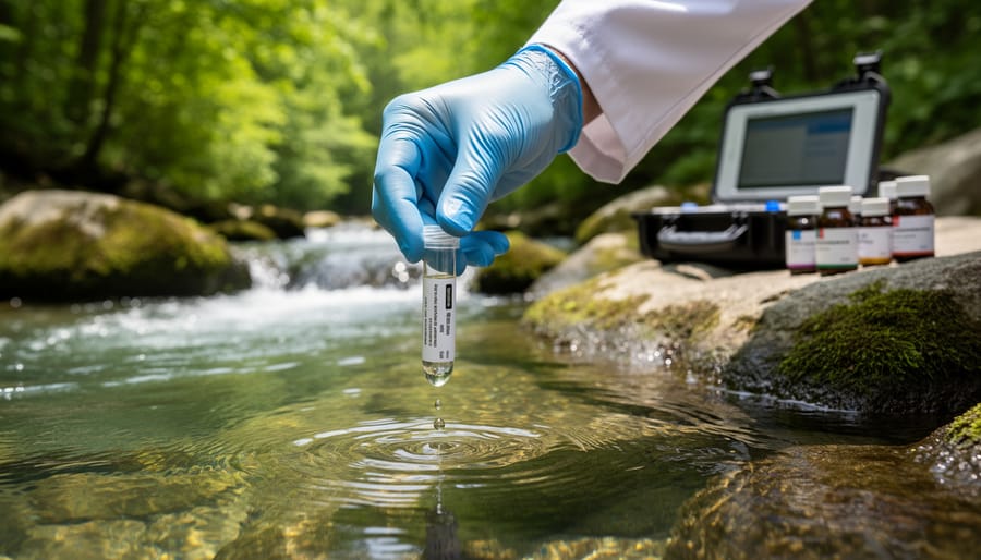 Student holds a clear bottle of river water sample near a shoreline during golden hour