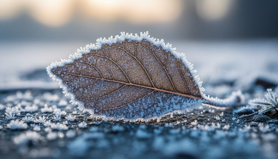 Close-up of frost crystals forming on a leaf surface
