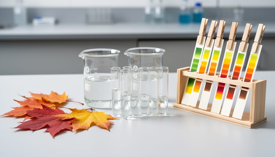 Close-up of fall leaves with clear jars and coffee filters showing separated leaf pigment colors