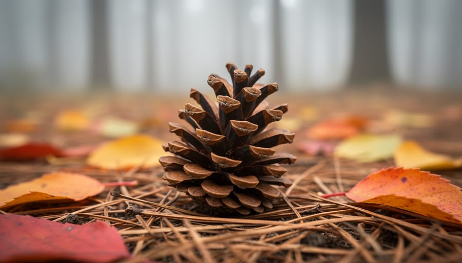 Pinecone on a table with autumn leaves in the softly blurred background