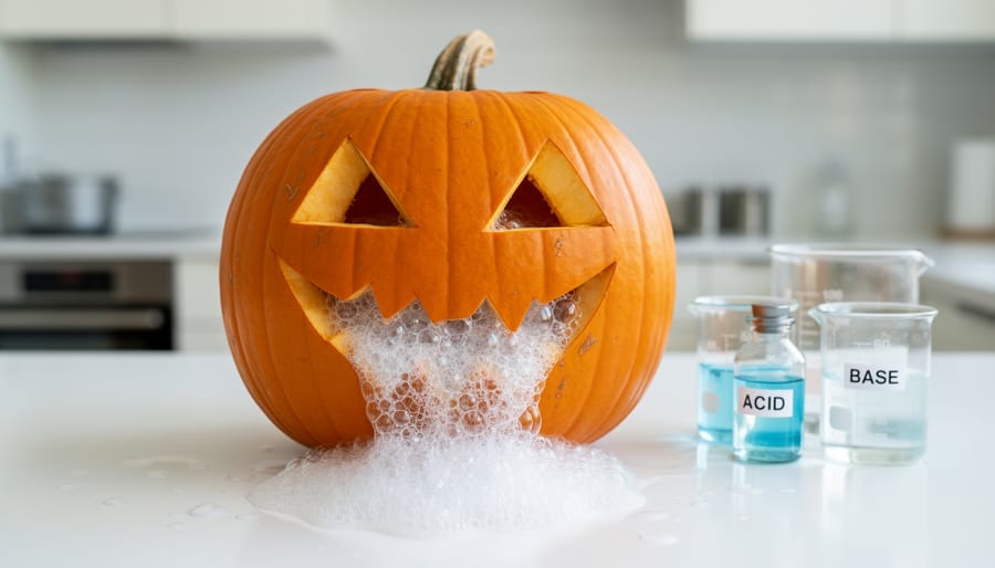 Close view of a pumpkin volcano erupting with foamy bubbles on a kitchen counter
