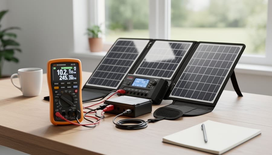 Small solar panel charging a battery pack with a compact meter under bright sunlight