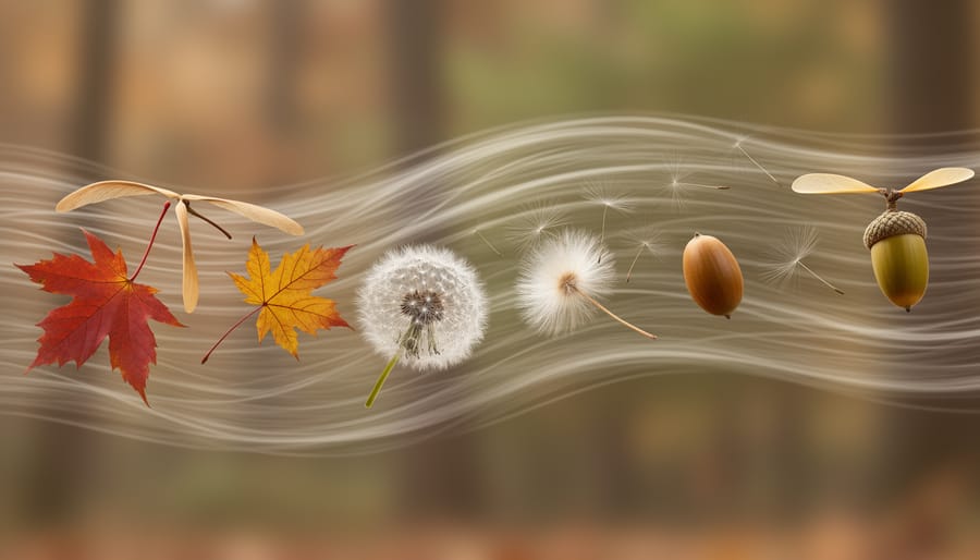 Wind-tunnel style setup with maple samaras and fluffy dandelion seeds in motion
