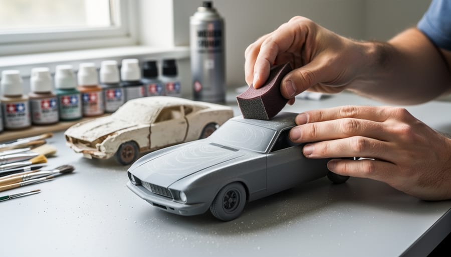Close-up of plastic model parts showing different surface finishes prepared for painting