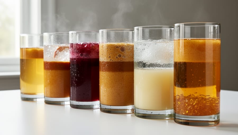 Close-up of layered apple cider and cranberry juice in clear glasses with visible separation