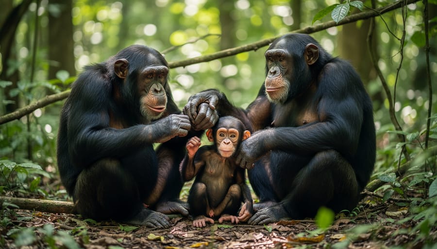 Eye-level view of a chimpanzee mother and her young in a sunlit forest clearing