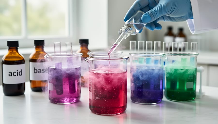 Color-changing red cabbage indicator solution in a beaker with swirling purple, pink, and blue tones.