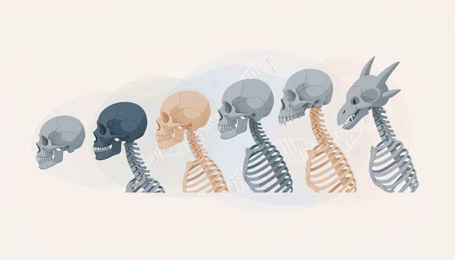 Three skeletal specimens on a lab bench arranged side by side against a dark background