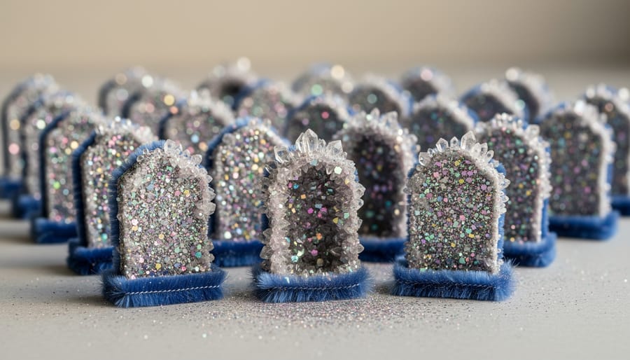 Crystal-grown pipe cleaner tombstone decorations covered in sparkly crystals.