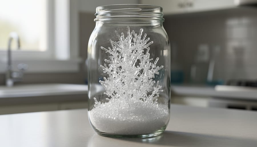 Close-up of sparkling crystals growing in a jar for the crystal garden experiment.