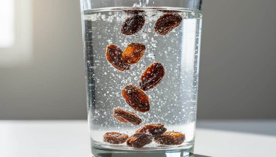Raisins floating and sinking in a glass of carbonated soda with visible bubbles.
