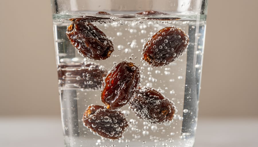 Dancing raisins floating and moving in carbonated water.