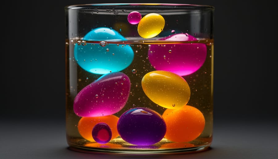 Homemade lava lamp with colored blobs rising and falling inside a bottle.