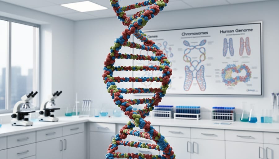 Shiny glass DNA double helix model on a laboratory bench with microscopes and lab tools blurred in the background