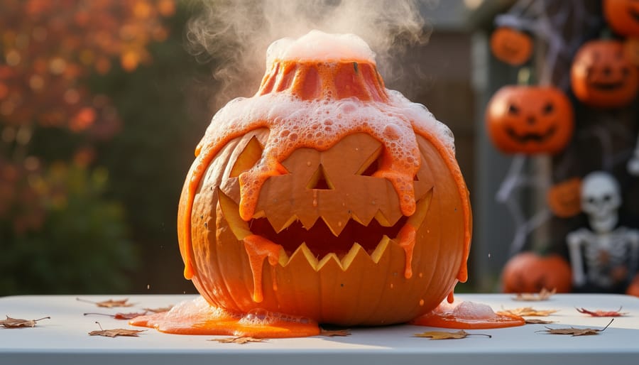Carved pumpkin erupting with white foam from a chemical reaction inside.