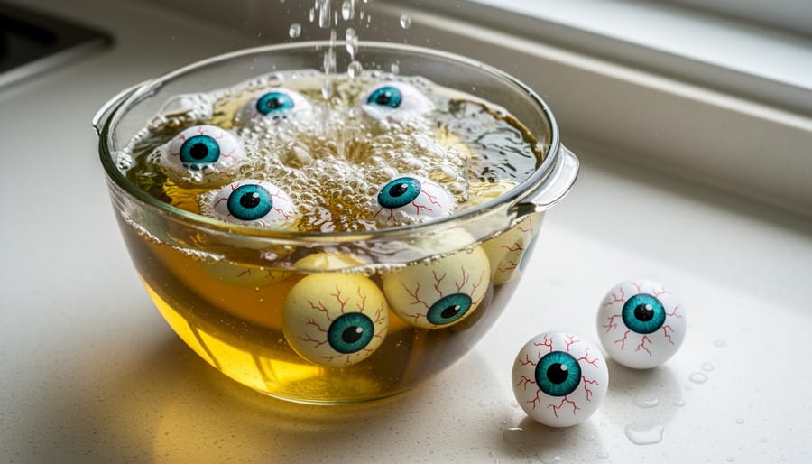 Close-up of floating ping-pong ball eyeballs in a colored oil and water potion.