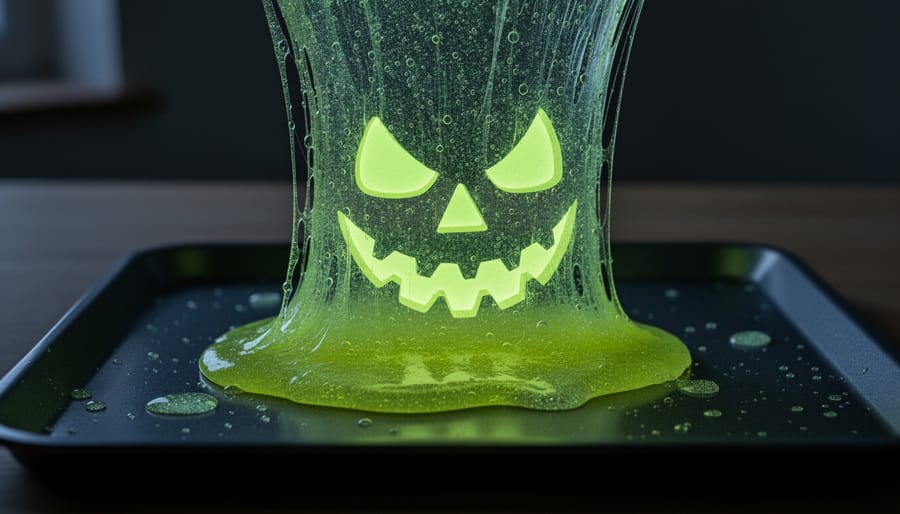 Glowing jack-o’-lantern slime being stretched in a dark Halloween setting.