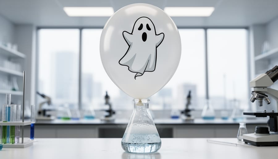 A ghost-faced white balloon inflating in someone’s hands during a chemical reaction experiment.
