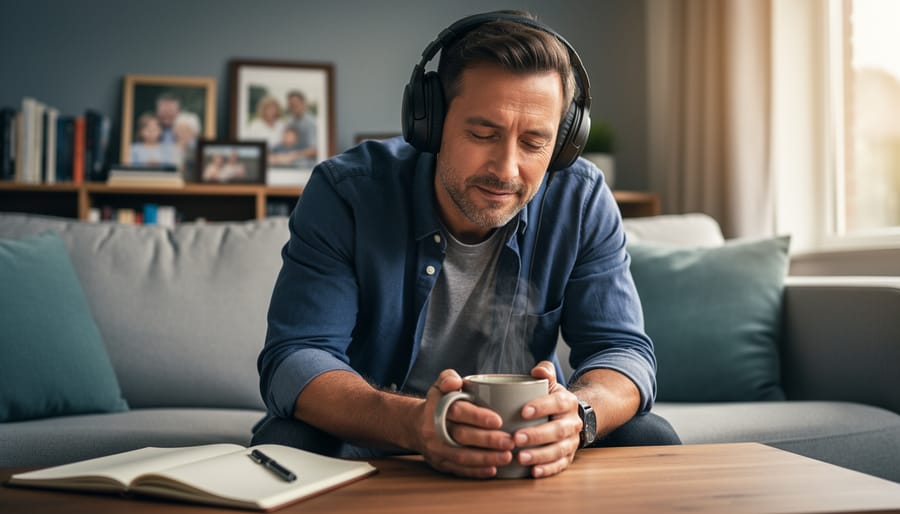 A person holds headphones beside a worn biography book in a cozy listening space.