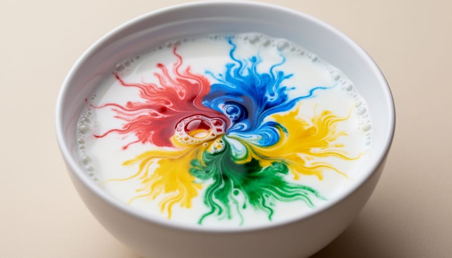 Magic milk experiment with colorful dyes swirling in milk after dish soap is added.