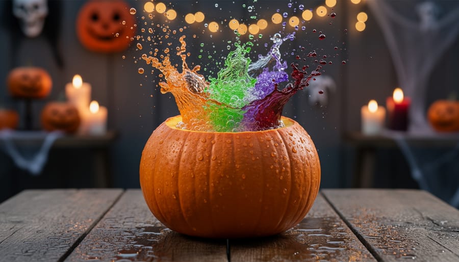 Colorful fizzy reaction bubbling inside a pumpkin during the pumpkin chemistry experiment.