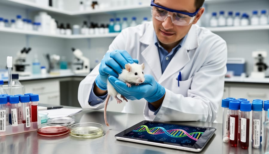 Gloved hands gently holding a small mouse in a lab setting with blurred equipment in the background
