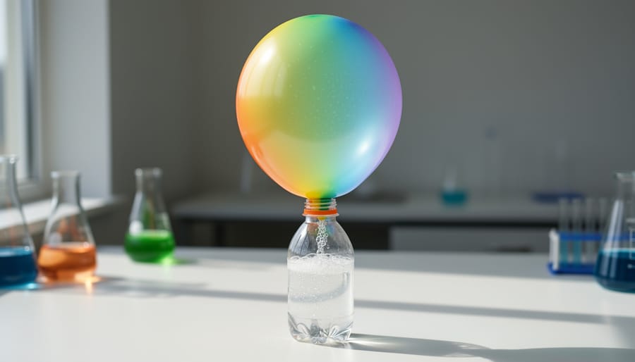 Balloon inflating from a baking soda and vinegar reaction in a bottle.
