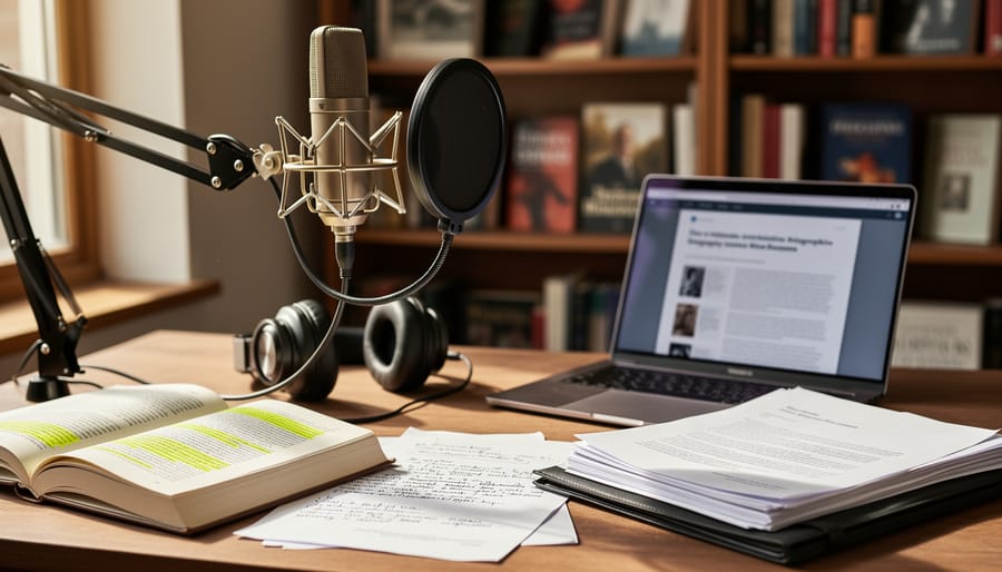 Close-up of a studio microphone and research notes beside earbuds in an audio recording setup.